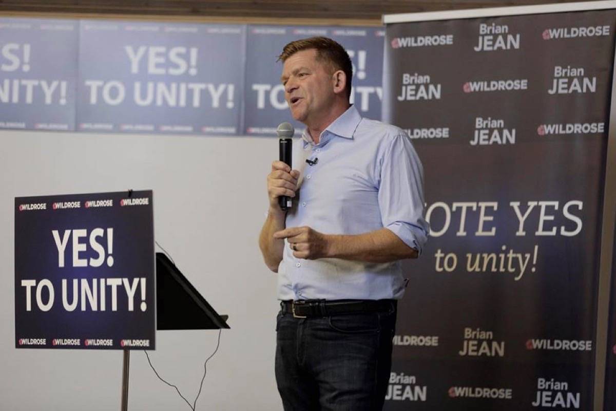 LOOKING AHEAD - Wildrose Party leader Brian Jean addresses a crown recently in this file photo. The unity vote between the Wildrose Party and the Progressive Conservative Party is set to take place in Red Deer this weekend.                                photo submitted