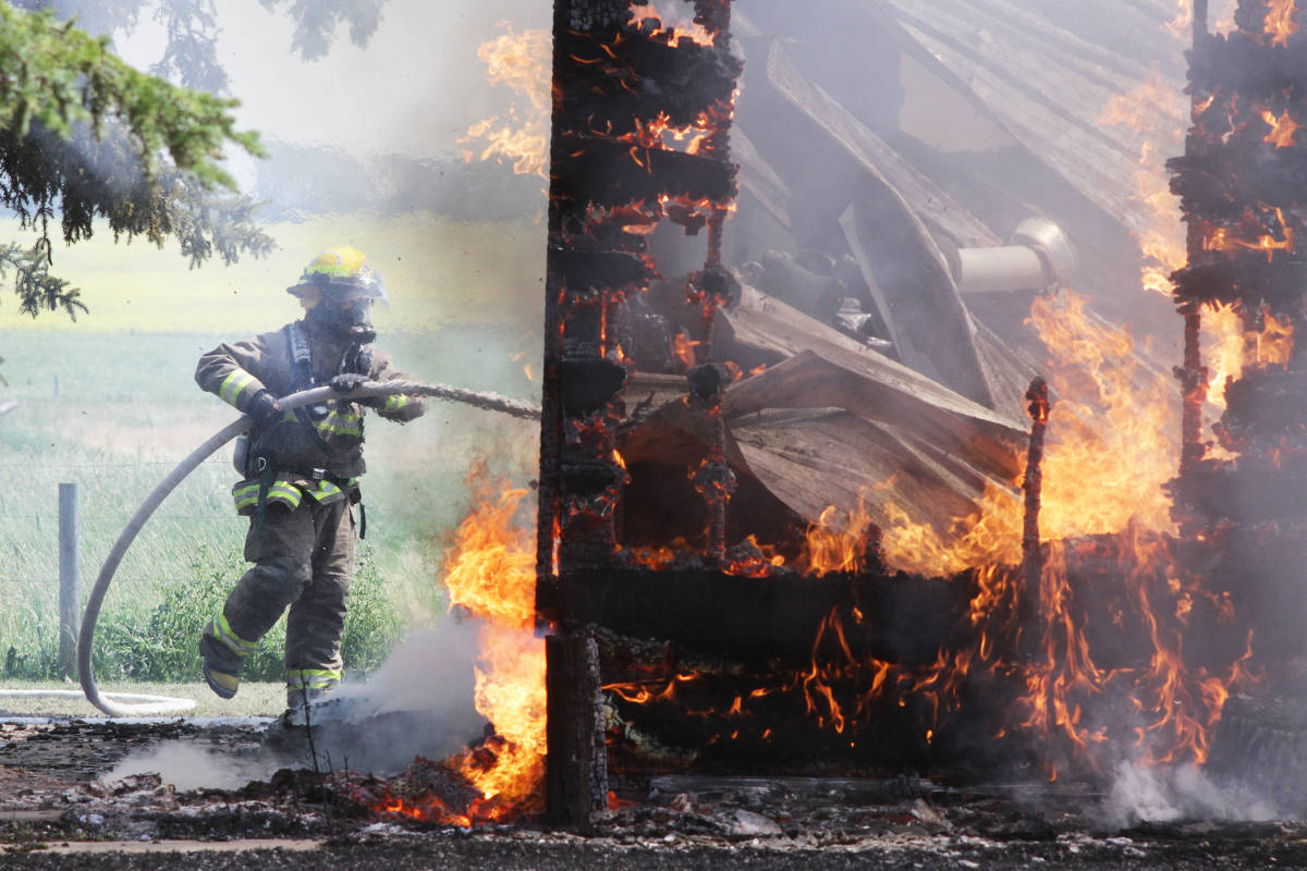 Members of the Ponoka County East District Fire Department were called to the scene of a structure fire south east of Ponoka July 18. Witnesses report a man running out of the building with burn injuries at the time. The matter is under investigation by Ponoka RCMP. Photo by Jeffrey Heyden-Kaye                                DAMAGE - Members of the Ponoka County East District Fire Department were called to the scene of a structure fire southeast of Ponoka July 18th. Witnesses report a man running out of the building with burn injuries at the time. The matter is under investigation by Ponoka RCMP. Jeffrey Heyden-Kaye/Ponoka News