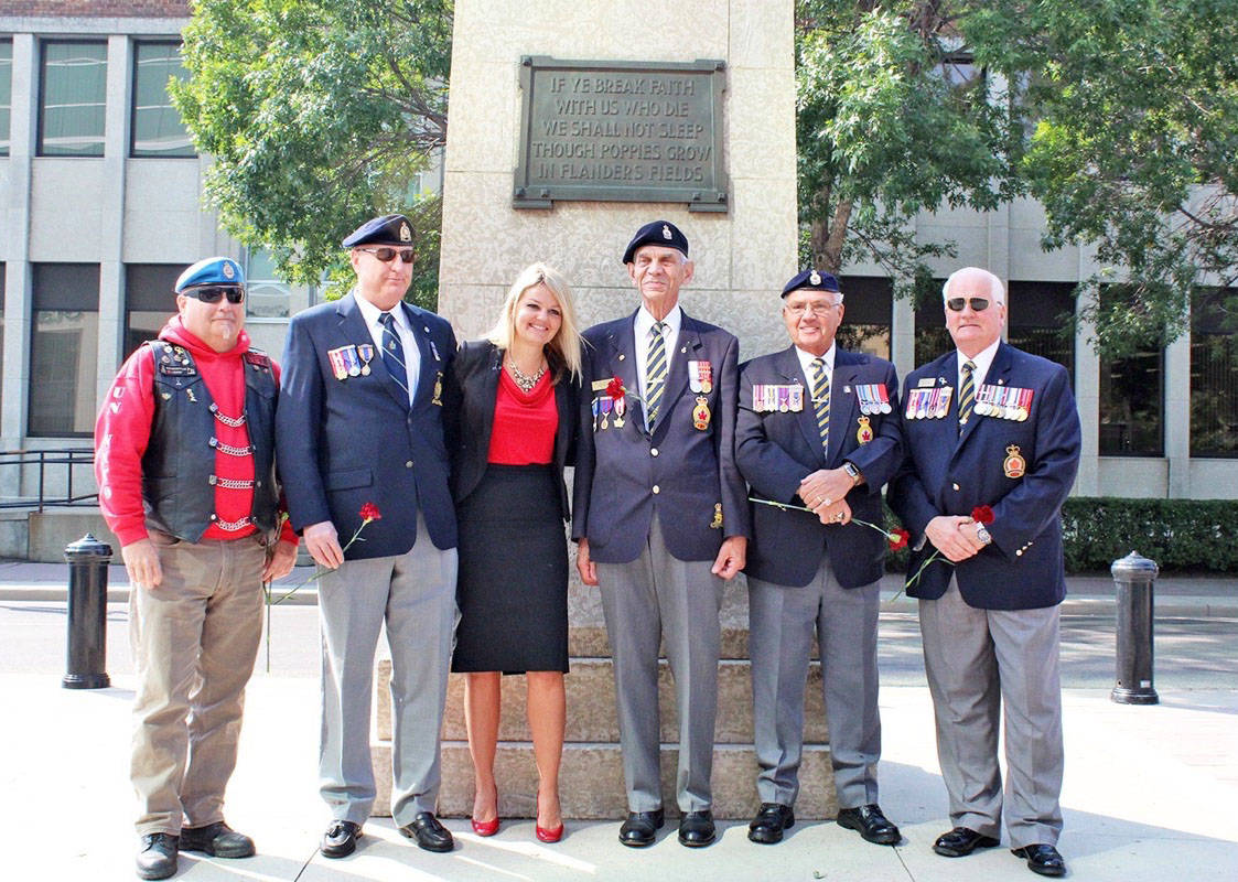 ANOTHER RUN - Mayor Tara Veer stands with local veterans as she announces her run for candidacy in this fall’s election. Carlie Connolly/Red Deer Express