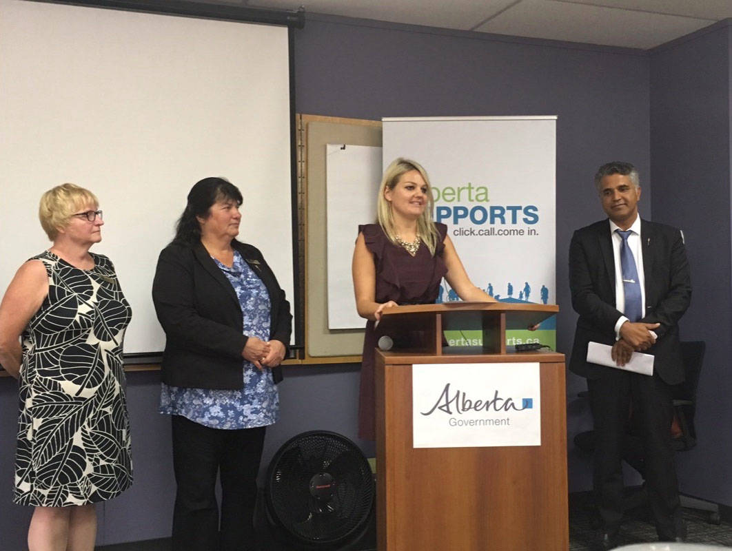 ANNOUNCEMENT - The provincial government announced funding to help address homelessness and violence in Central Alberta. From left, Barb Miller, MLA for Red Deer South, Kim Schreiner, MLA for Red Deer North, Mayor Tara Veer and Irfan Sabir, minister of Community and Social Services, were on hand for the announcement on Thursday.                                 Erin Fawcett/Red Deer Express