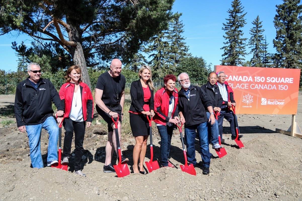 CANADA 150 - Mayor Tara Veer and Red Deer City council broke ground for Canada 150 Square which will act as the hub for the Capstone at Riverlands community. Todd Colin Vaughan/Red Deer Express