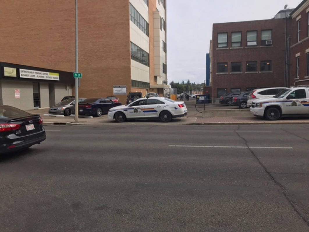 ON SCENE - Police are on scene in downtown Red Deer after a man was reportedly shot. Todd Colin Vaughan/Red Deer Express