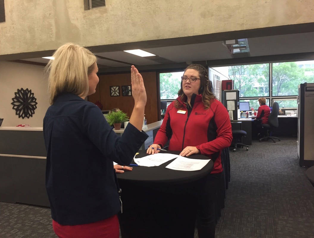 NOMINATION DAY - Mayor Tara Veer hands in her nomination papers on Monday morning.Erin Fawcett/Red Deer Express