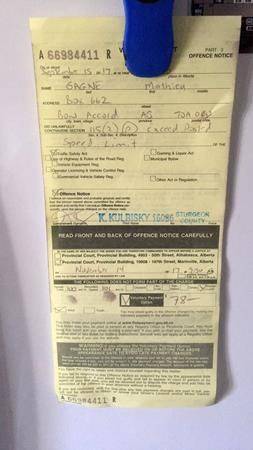 Mathieu Gagne of Alberta says he received this ticket after driving 101 kilometres in a 100-kilometre zone north of Edmonton. The Canadian Press.