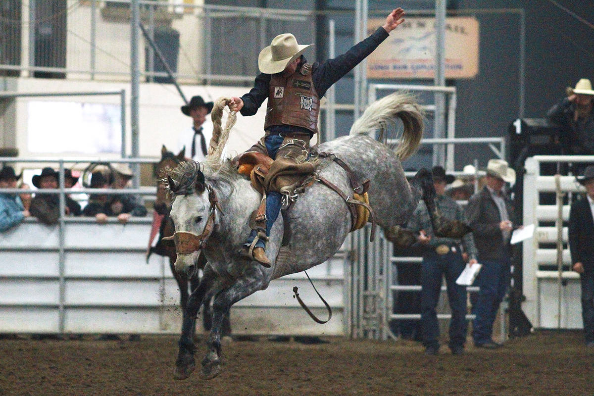 Clay Elliot on Party Code, was one of the many saddle bronc riders who came to commemorate the life of rodeo legend Winston Bruce Sept. 19 at the Calnash Ag Event Centre in Ponoka. The event was part of the invitational Winston Bruce Memorial and Match Bronc Riding.