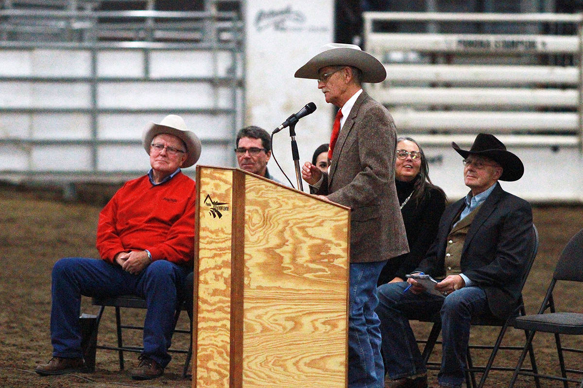 Long time rodeo announcer David Poulsen speaks to attendees of the celebration of life of Winston Bruce Sept. 18 at the Calnash Ag Event Centre in Ponoka. There was standing room only for the celebration of a rodeo legend.