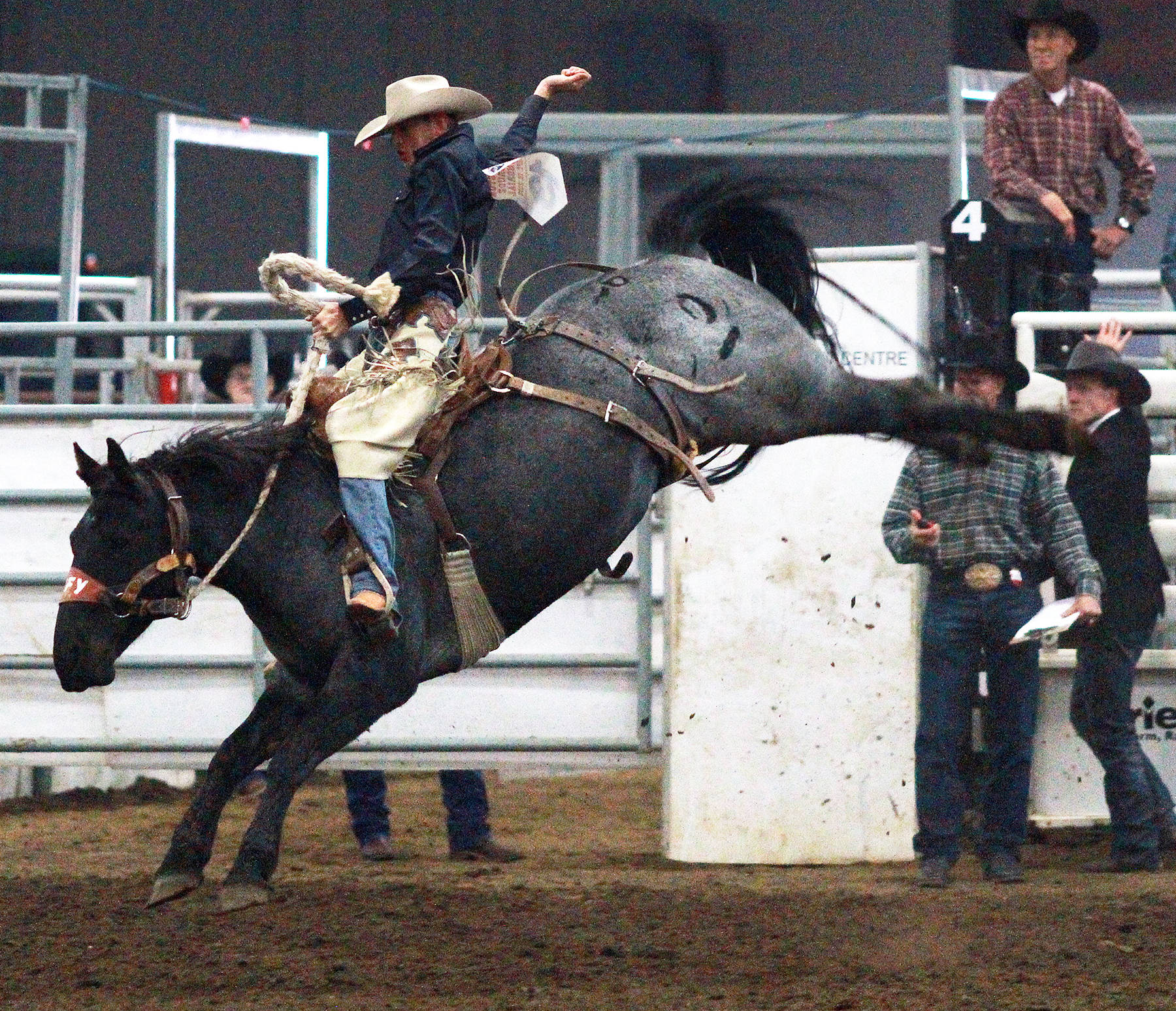 Kale MacKenzie on Styx holds on tight during the Winston Bruce Memorial and Match Bronc Riding. The event was also a fundraiser for the Winston Bruce Academy of Rodeo.