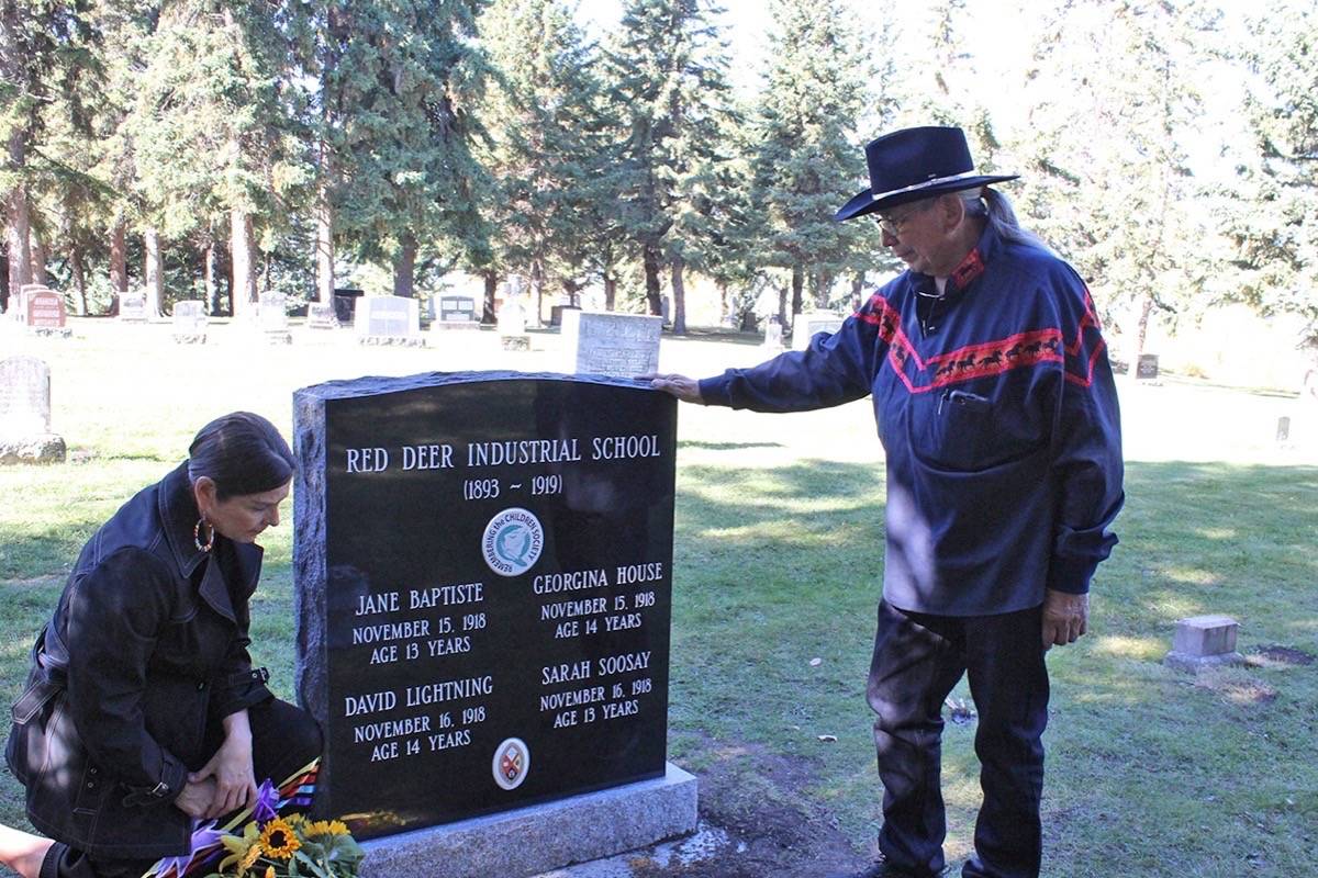 IN MEMORY - Four Aboriginal Red Deer Industrial School students were acknowledged at a ceremony hosted by the Remembering the Children Society on Thursday. A memorial stone was unveiled as part of ceremony. Carlie Connolly/Red Deer Express