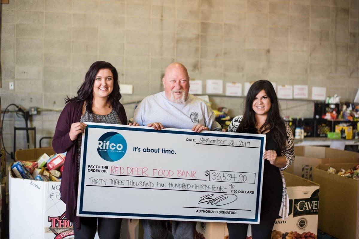 FINANCIAL BOOST - Rifco National Auto Finance recently presented the Red Deer Food Bank with a cheque of $33, 534.90. photo submitted