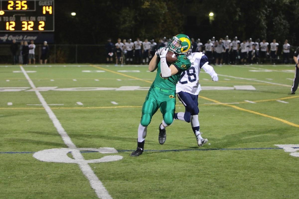 RAMS WIN - Lacombe Rams slotback Richard Jans would pull down this big catch against the Notre Dame Cougars. The Rams would go on to win 39-28.                                Todd Colin Vaughan/Red Deer Express