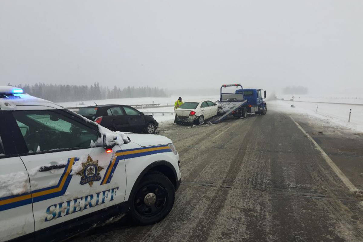 Emergency crews were called to an eight car pile up Oct. 2 on Highway 2 just south of Ponoka during the first winter storm of the season. It is believed there were minor injuries. Photo submitted