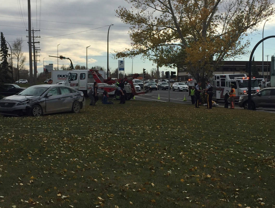 ON SCENE - Red Deer RCMP and emergency crews are on the scene of an accident on Gaetz Ave. at the intersection of 60th St. and Riverside Dr. Carlie Connolly/Red Deer Express