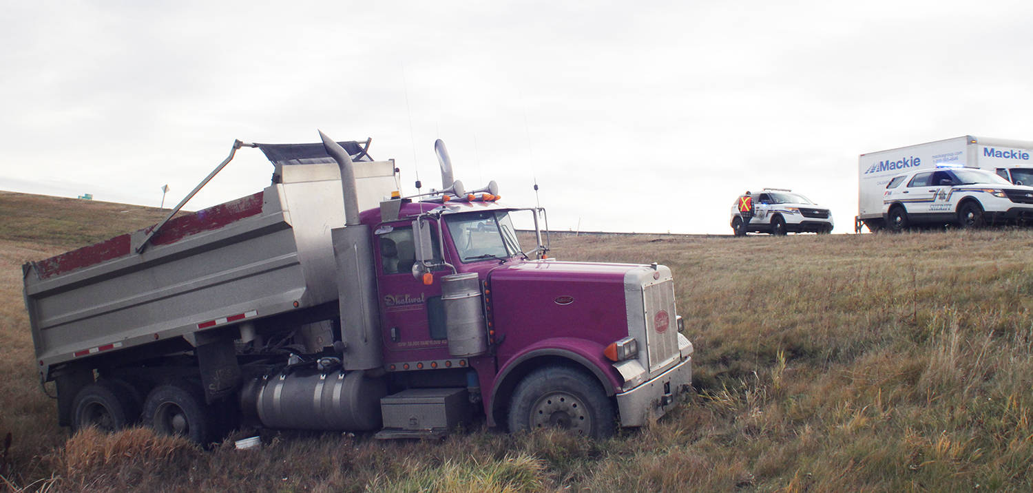Watch: Gravel truck turns into wrong off-ramp at Highway 2 Ponoka