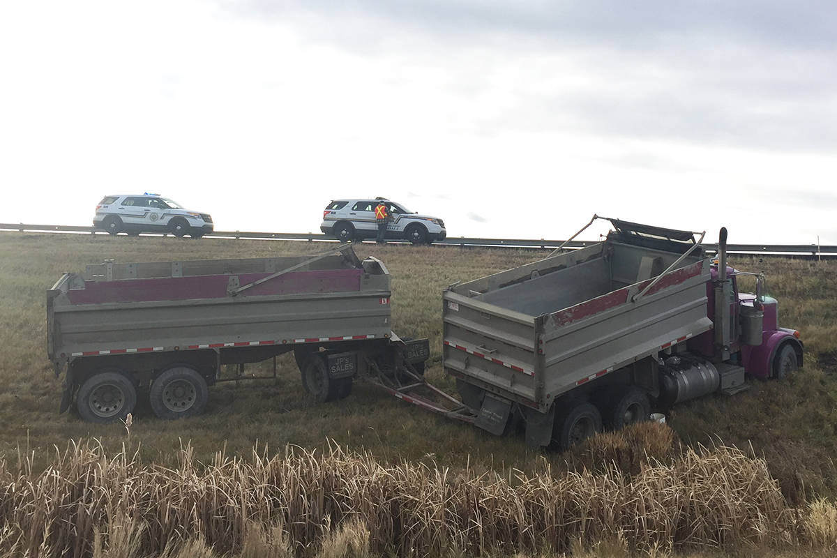 Watch: Gravel truck turns into wrong off-ramp at Highway 2 Ponoka