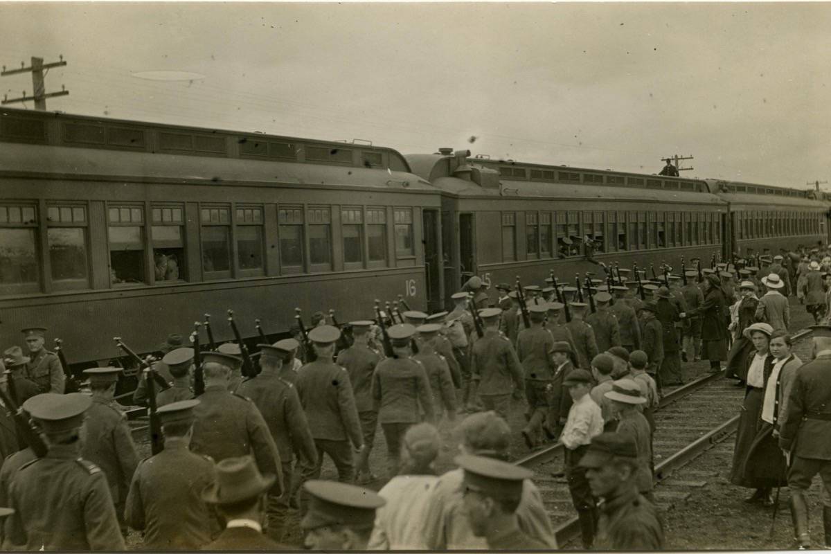 FAREWELL - Young soldiers preparing to depart for service overseas at the CPR station in Red Deer. Red Deer Archives P2150