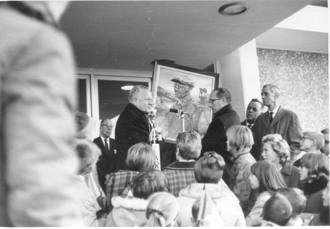 50 YEARS - Governor General Roland Michener with a portrait of Charles Snell at the official opening of the Red Deer Centennial Library, Nov. 3rd, 1967.                                Photo courtesy of the Red Deer Archives