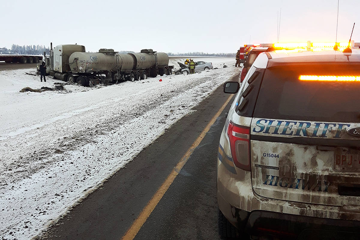 Members of the Ponoka Integrated Traffic Unit are on scene of a serious semi-tractor and vehicle collision on Highway 2 Wednesday afternoon. The incident occurred just south of the Secondary Highway 616 intersection. Photo submitted