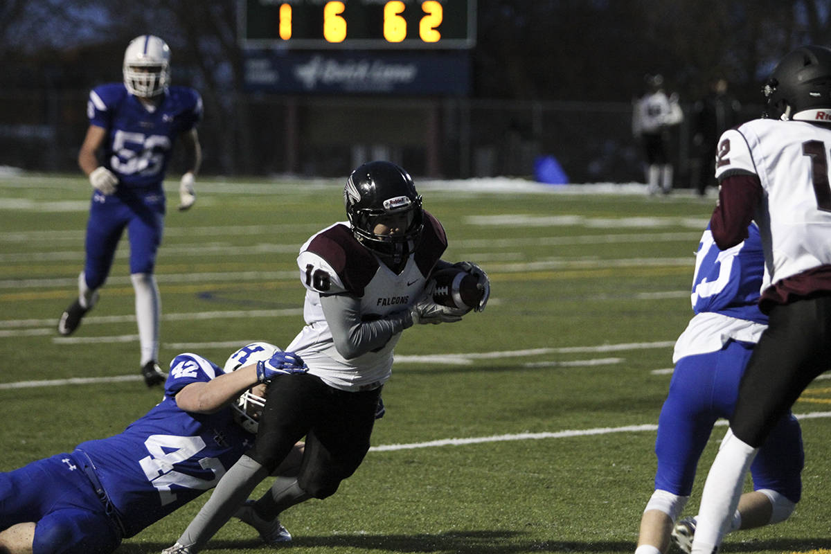 PROVINCIAL SEMI-FINAL - Foothills Falcon Tyson Hartle had a huge game in the Tier II High School Provincial semi-final against the Hunting Hills Lighting. Todd Colin Vaughan/Red Deer Express