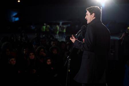 Prime Minister Justin Trudeau speaks to a crowd of supporters in Clarenville, N.L. on Thursday. (Darren Calabrese/The Canadian Press)