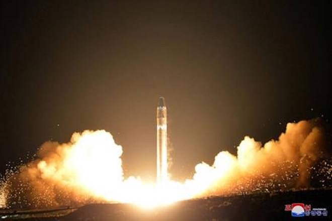 FILE - This Wednesday, Nov. 29, 2017, file image provided by the North Korean government on Thursday, Nov. 30, 2017, shows what the North Korean government calls the Hwasong-15 intercontinental ballistic missile, at an undisclosed location in North Korea. (Korean Central News Agency/Korea News Service via AP)