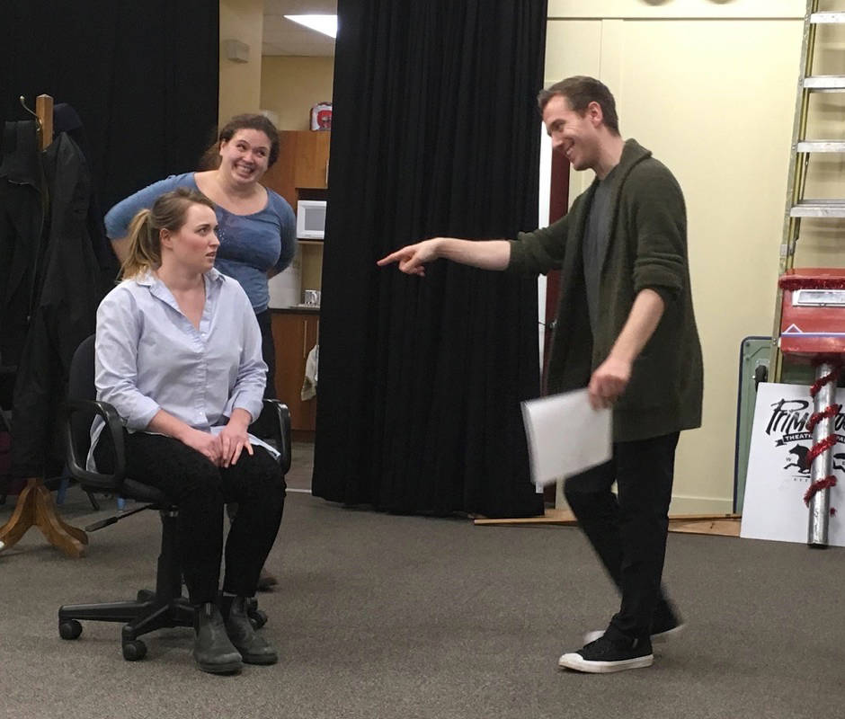 SEASONAL STORY - Cast members rehearse a scene of Prime Stock Theatre’s The Other Side of the Pole! A Christmas Family Musical which runs Dec. 14th-16th and 20th -23rd at the Welikoklad Event Centre. photo submitted