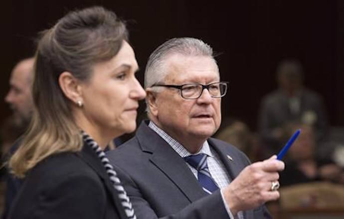 Communications Security Establishment Chief Greta Bossenmaier speaks with Public Safety Minister Ralph Goodale as they wait to appear before the Standing Committee on Public Safety and National Security, in Ottawa on Thursday, November 30, 2017. THE CANADIAN PRESS/Adrian Wyld