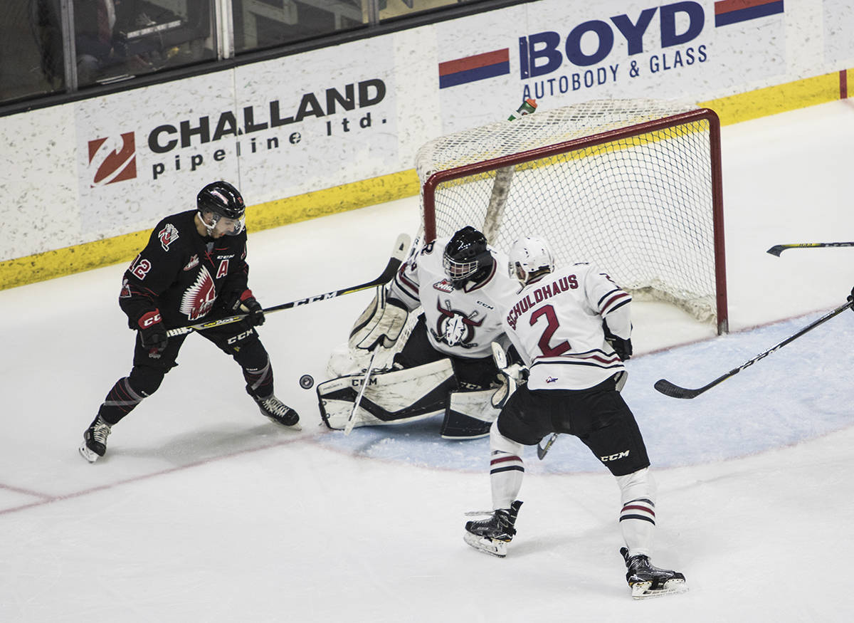 SHOT BARRAGE - The Moose Jaw Warriors were all over Red Deer Rebels netminder Riley Lamb on Jan. 3. Todd Colin Vaughan/Red Deer Express