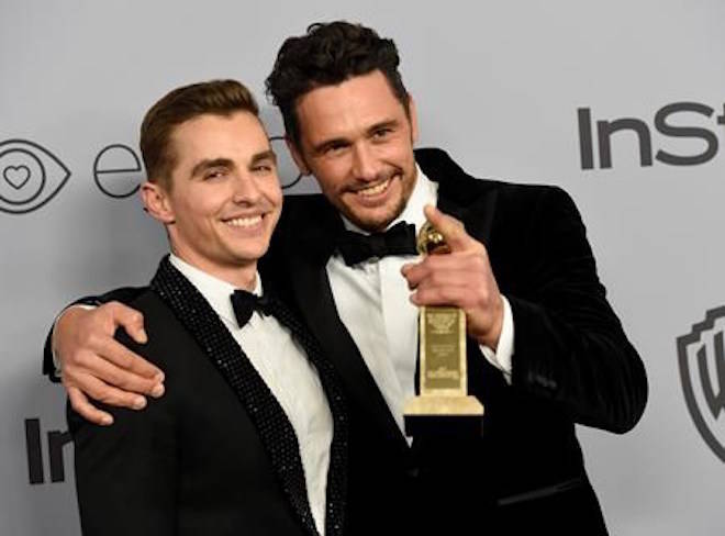 FILE - In this Jan. 7, 2018, file photo, Dave Franco, left, poses with James Franco, winner of the award for best performance by an actor in a motion picture - musical or comedy for “The Disaster Artist,” at the InStyle and Warner Bros. Golden Globes afterparty in Beverly Hills, Calif. (Photo by Chris Pizzello/Invision/AP, File)