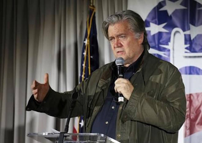 FILE - In this Nov. 9, 2017, file photo, Steve Bannon, speaks during an event in Manchester, N.H. Breitbart News Network announced Tuesday, Jan. 9, 2018, that Bannon is stepping down as chairman of the conservative news site. (AP Photo/Mary Schwalm, File)