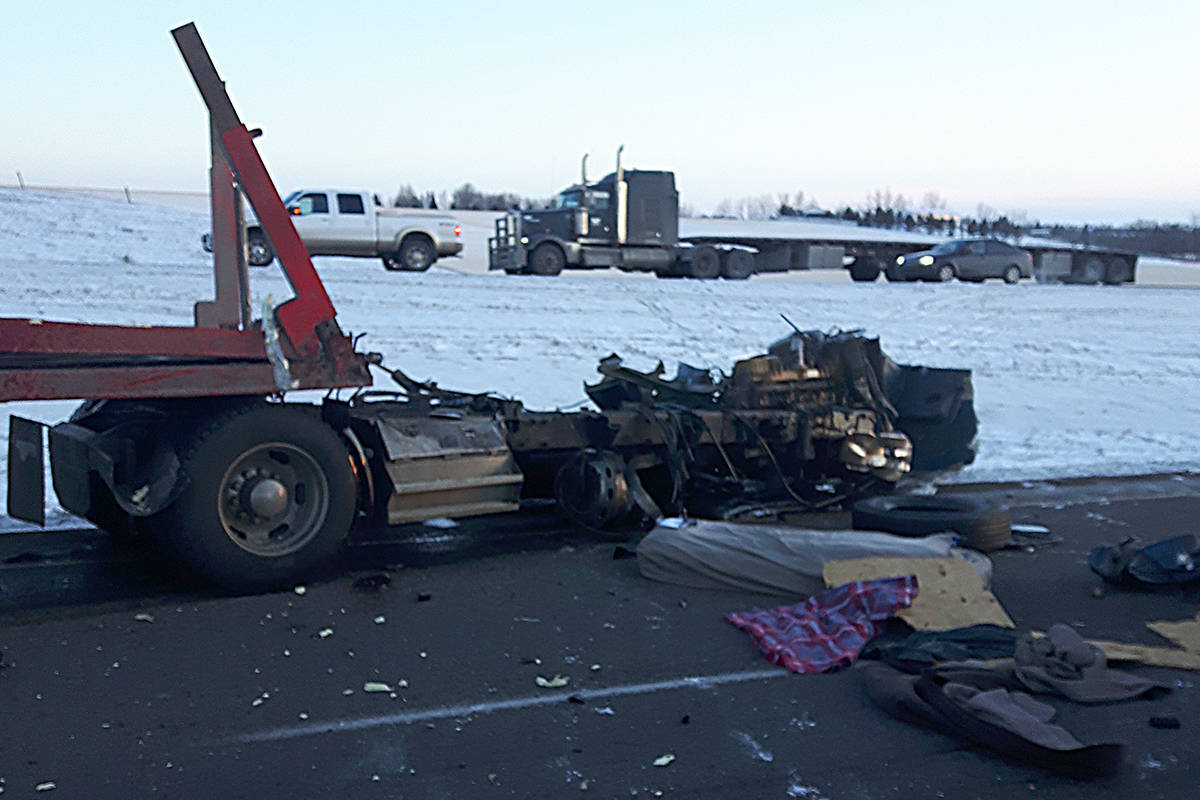A 58-year-old Red Deer semi-tractor driver died as a result of a collision with a parked semi Thursday afternoon. Southbound lanes near Lacombe were close for some time.                                Photo submitted