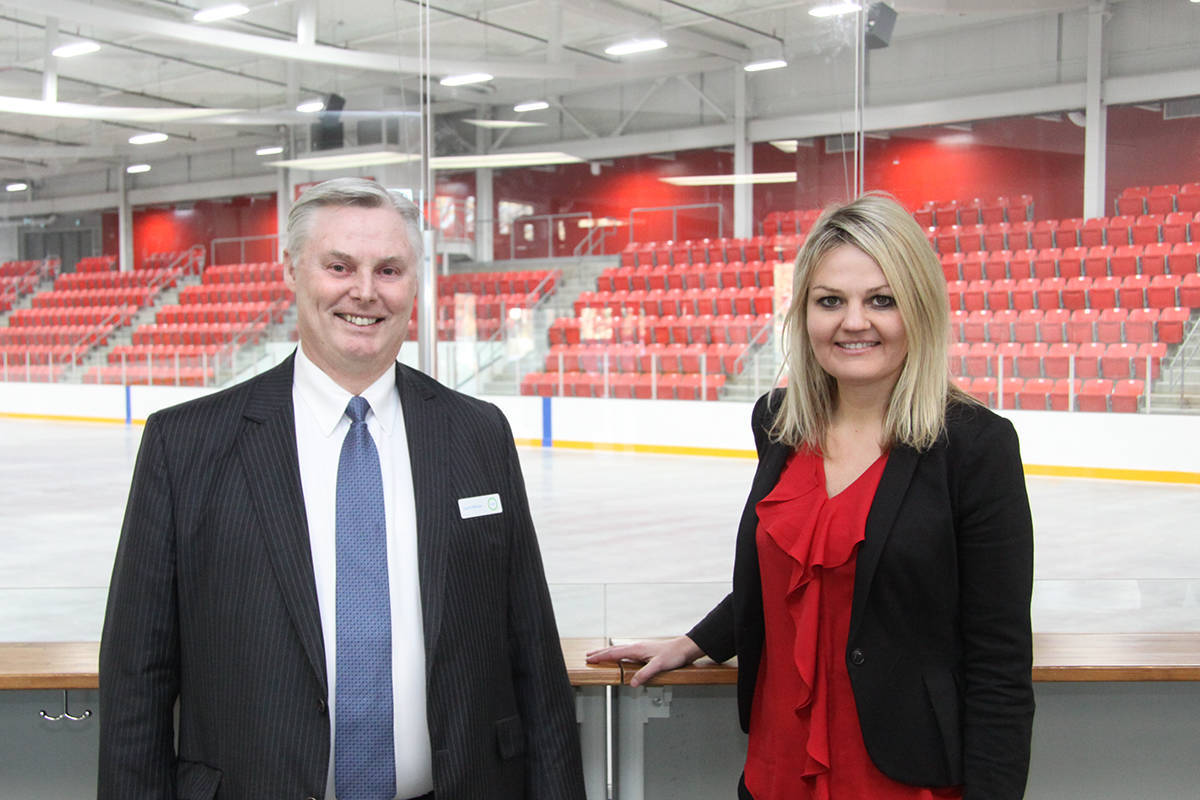 NAMING RIGHTS - Servus Credit Union President and CEO Garth Warner and Red Deer Mayor CEO announced a 15 year partnership for the Servus Credit Union Arena. Part of the deal will provide Red Deerians with a free skate night the first Thursday of every month. Todd Colin Vaughan/Red Deer Express