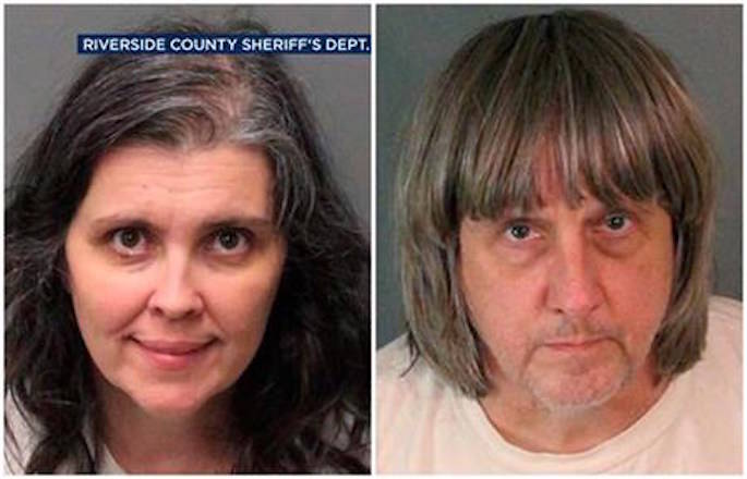 These Sunday, Jan. 14, 2018, photos provided by the Riverside County Sheriff’s Department show Louise Anna Turpin, left, and David Allen Turpin. Authorities say an emaciated teenager led deputies to a Perris, Calif., home where her 12 brothers and sisters were locked up in filthy conditions, with some of them malnourished and chained to beds. Riverside County sheriff’s deputies arrested the parents David Allen Turpin and Louise Anna Turpin on Sunday. The parents could face charges including torture and child endangerment. (Riverside County Sheriff’s Department via AP)