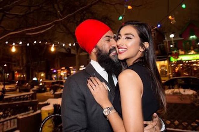 NDP Leader Jagmeet Singh poses with Gurkiran Kaur after proposing at an engagement party in Toronto, Tuesday January 16, 2018. THE CANADIAN PRESS/Frank Gunn