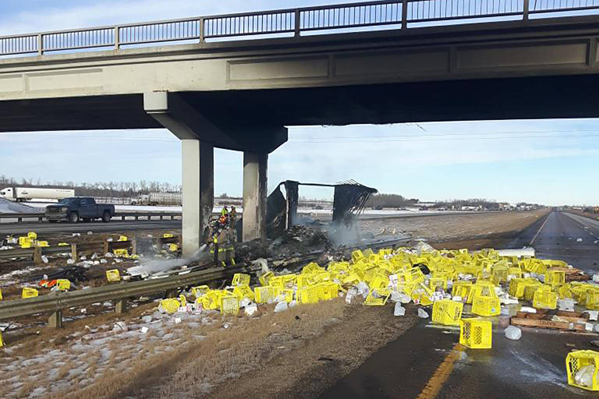 Highway 2 lanes were closed near Millet due to a truck fire. It is believed the semi tractor, hauling milk and milk containers collided with the Millet overpass. It is unknown the extent of the injuries of the driver.                                 Photo courtesy of the Ponoka Integrated Traffic Unit