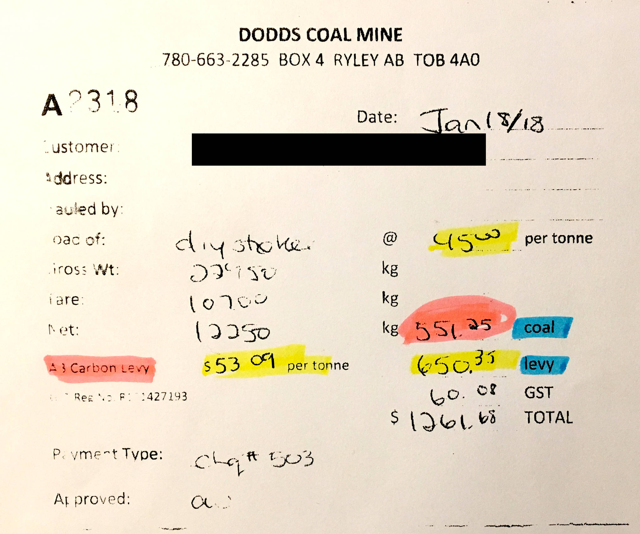 This coal bill from Dodds Coal Mine shows how much farmer Lawrence McKelvie paid recently. The bill shows that the coal costs $45 per tonne while the levy itself costs $53.09.                                Bill supplied by Lawrence McKelvie