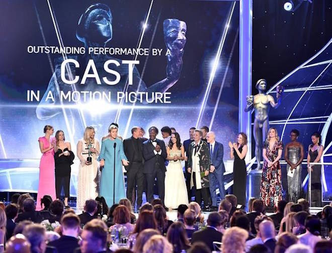 Frances McDormand and the cast of “Three Billboards Outside Ebbing, Missouri” accept the award for outstanding performance by a cast in a motion picture at the 24th annual Screen Actors Guild Awards at the Shrine Auditorium & Expo Hall on Sunday, Jan. 21, 2018, in Los Angeles. (Photo by Vince Bucci/Invision/AP)