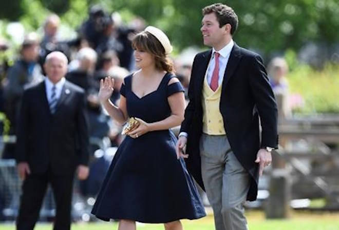 FILE - In this Saturday, May 20, 2017 file photo, Britain’s Princess Eugenie and her partner Jack Brooksbank arrive for the wedding of Pippa Middleton and James Matthews at St Mark’s Church in Englefield, England. Buckingham Palace said Monday Jan. 22, 2018, Princess Eugenie, the daughter of Prince Andrew and his ex-wife Sarah Ferguson, will marry Jack Brooksbank in Autumn 2018. (Justin Tallis/Pool Photo via AP, File)