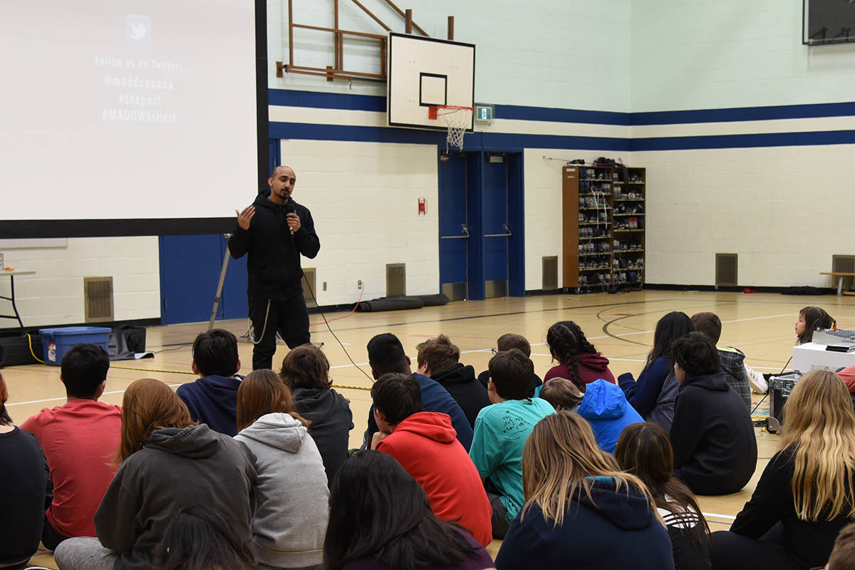 MADD SCHOOL PROGRAM - A representative with MADD gives a presentation to students at Glendale Middle School Jan. 24th on the impacts of impaired driving. Michelle Falk/Red Deer Express