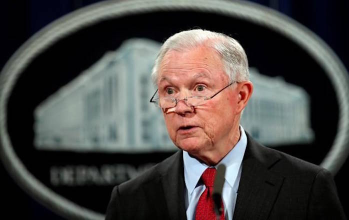 FILE - In this Dec. 15, 2017, file photo, United States Attorney General Jeff Sessions speaks during a news conference at the Justice Department in Washington. Justice Department spokesman Ian Prior said Tuesday that Sessions has been interviewed in special counsel Robert Mueller‚Äôs Russia investigation. (AP Photo/Carolyn Kaster, File)