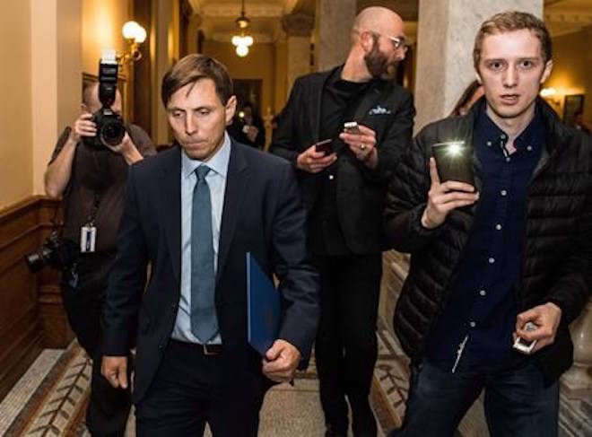 Ontario Progressive Conservative Leader Patrick Brown leaves Queen’s Park after a press conference in Toronto on Wednesday, January 24, 2018. THE CANADIAN PRESS/Aaron Vincent Elkaim
