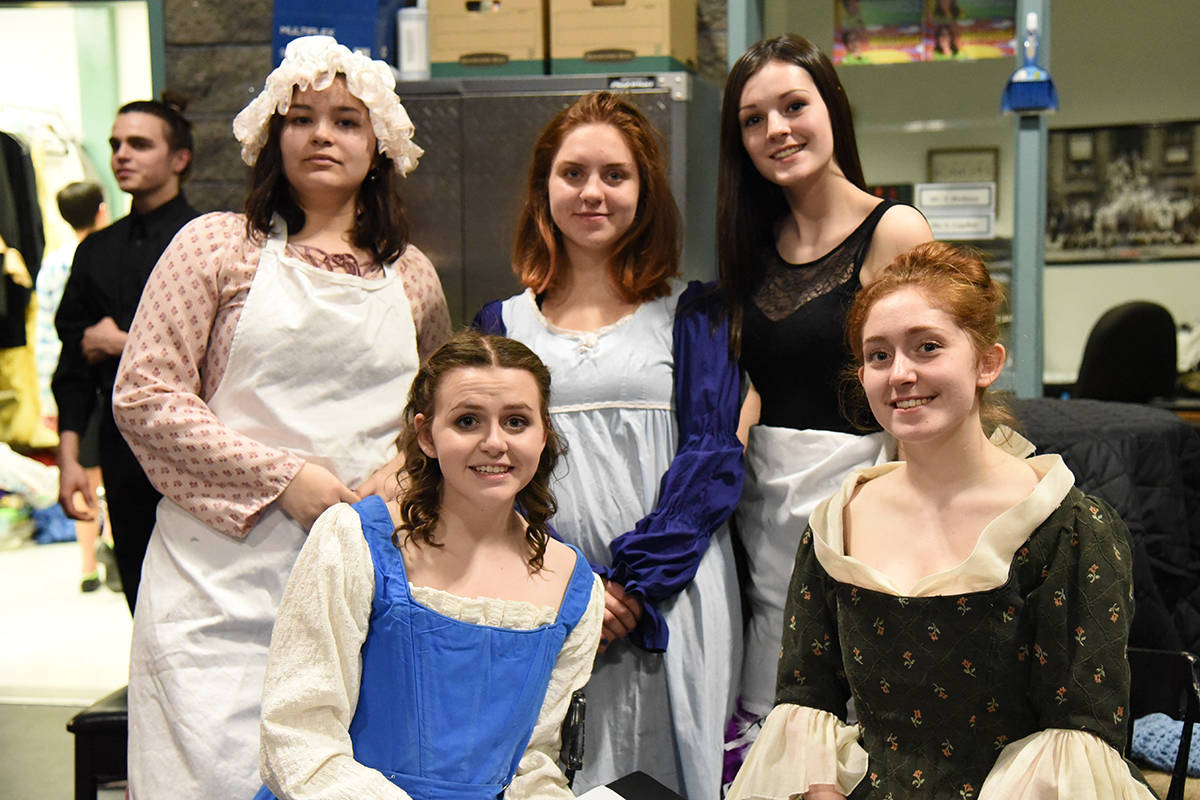 BELLE AND CAST - Members of the cast of Beauty and the Beast: Stephanie Gonzalez and Kyra Gamelin, playing villagers, Isabelle Quartly playing Babette, Vanessa Hodgins as Belle, Kailyn Hall playing a member of the ensemble and Lumiere.Michelle Falk/Red Deer Express