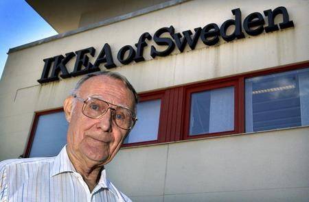 In this Aug. 6, 2002 file photo, IKEA founder Ingvar Kamprad stands outside the company’s head office in Almhult, Sweden. (Claudio Bresciani/TT via AP)