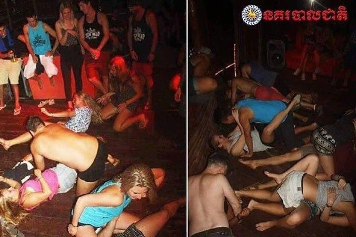 In this photo dated Jan. 25, 2018, a group of unidentified foreigners, who are accused of “dancing pornographically” at a party in Siem Reap town. (Cambodian National Police via AP)