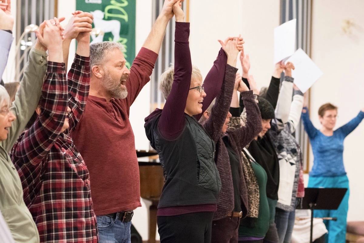 IN UNISON - Members of the local choir Soliloquy enjoy a rehearsal time. Soliloquy, along with two other choirs (ihana and Brioso) will be performing Feb. 10th in Red Deer.                                Don Beauchesne photo