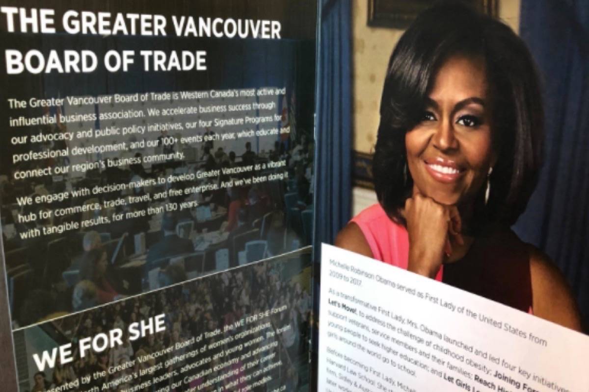Former U.S. first lady Michelle Obama spoke at a Greater Vancouver Board of Trade event on Thursday. (@LorindaStrang/Twitter)