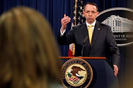 Deputy Attorney General Rod Rosenstein answers a question after announcing that the office of special counsel Robert Mueller announced a grand jury has charged 13 Russian nationals and several Russian entities on Friday in Washington. (AP Photo/Jacquelyn Martin)