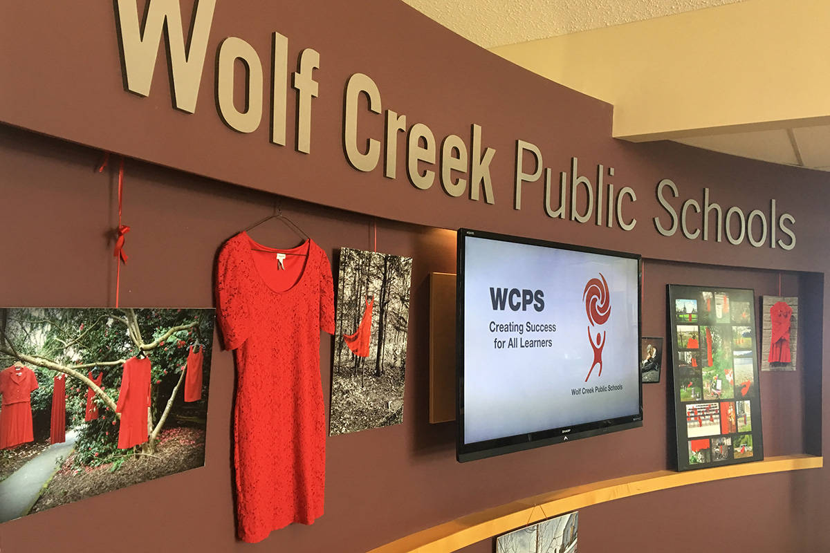 A photography exhibit honouring the over 1,000 murdered and missing Indigenous women is open for the rest of February at the Wolf Creek Public Schools office. It’s part of the REDdress Photography Project created by Mufty Mathewson and inspired by artist Jaime Black.                                Photo by Jeffrey Heyden-Kaye