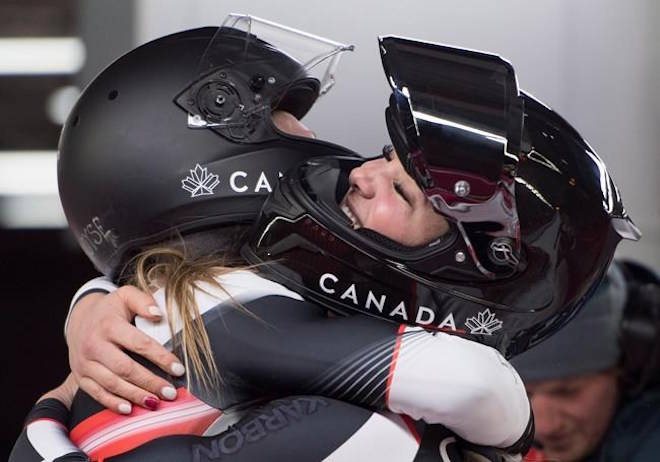 Canada’s Alysia Rissling and Heather Moyse react to their race during women’s bobsled at the Olympic sliding centre during the Pyeongchang 2018 Winter Olympic Games in South Korea, Wednesday, Feb. 21, 2018. THE CANADIAN PRESS/Jonathan Hayward