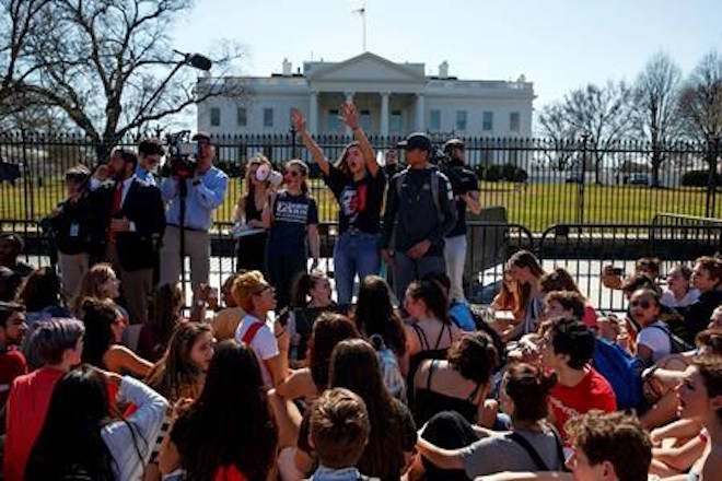 Demonstrators take part in a student protest for gun control legislation in front of the White House, Wednesday, Feb. 21, 2018, in Washington. (AP Photo/Evan Vucci)