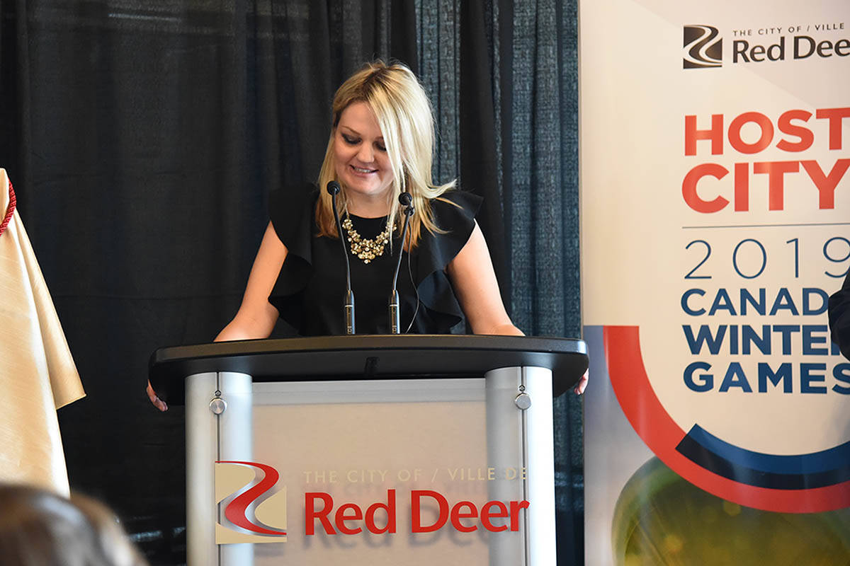 GRAND OPENING - Mayor Tara Veer delivers a speech at the grand opening ceremony of the enhancements to River Bend Golf and Recreation Area.                                Michelle Falk/Red Deer Express.